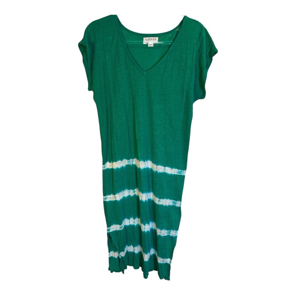 Velvet by Graham & Spencer Green and White Linen Midi Dress EUC - Picture 5 of 9